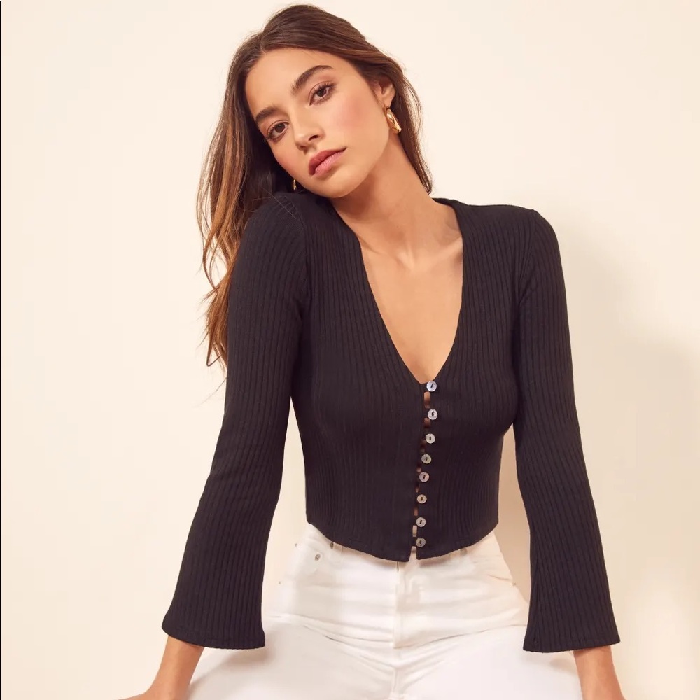 Reformation Black Ribbed Button Shirt